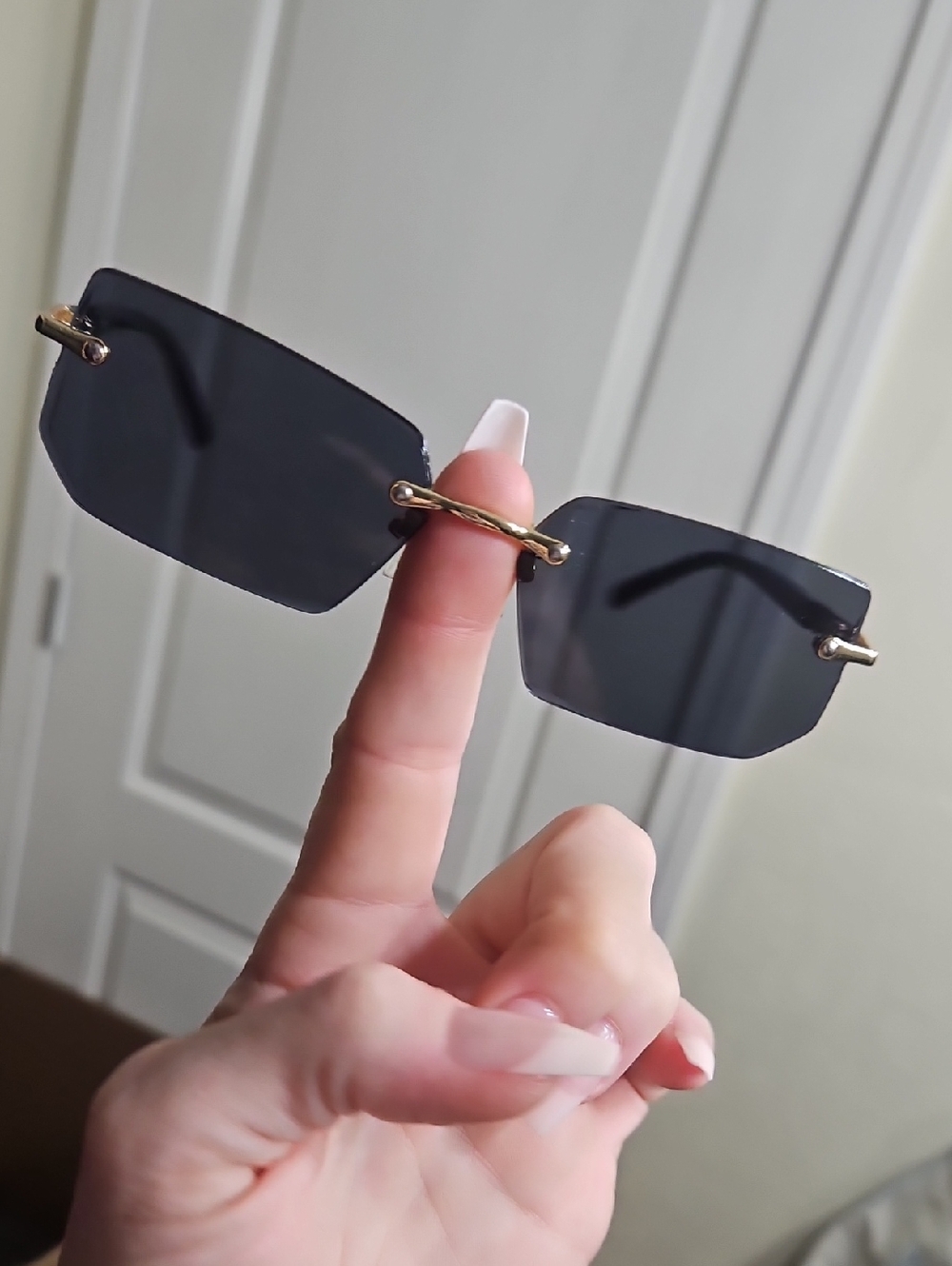 Rimless Rectangular Black Sunglasses with Gold Accents - Men Accessories